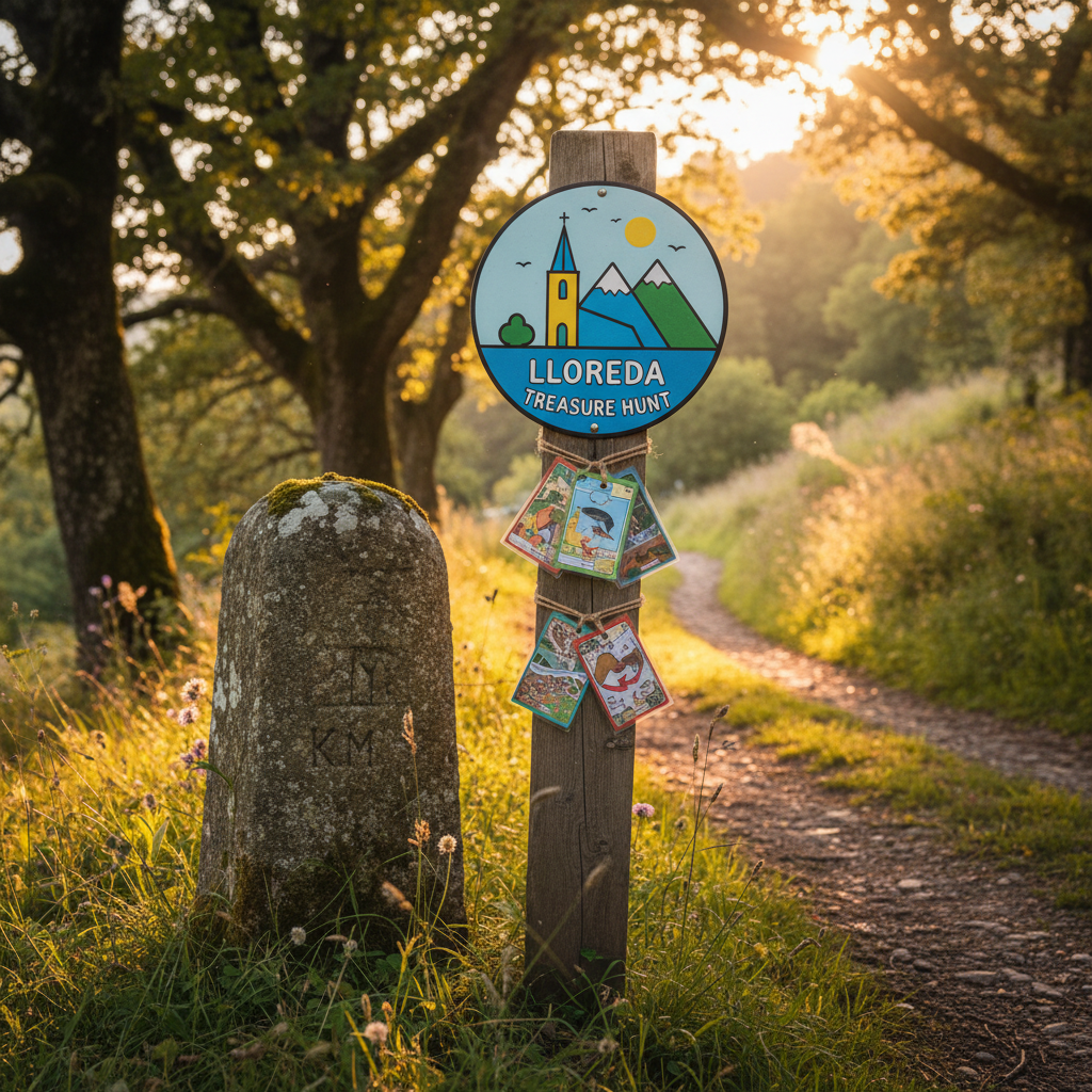 A playful gymkhana checkpoint set beside a rural footpath in Lloreda: a small wooden post with a brightly painted metal plaque showing a simplified icon of a local landmark, next to a rustic stone milestone engraved with worn, barely legible numbers. Colorful, laminated clue cards hang from the post with twine, fluttering slightly in a gentle breeze. Golden hour sunlight streams through nearby oaks, creating warm highlights on the plaque and a halo effect around grasses and wildflowers at the path’s edge. Photographic realism, shot from a slightly elevated angle with shallow depth of field, keeping the checkpoint crisp while the path and forest recede into soft bokeh. The mood is light-hearted and adventurous, like a countryside treasure hunt through history.