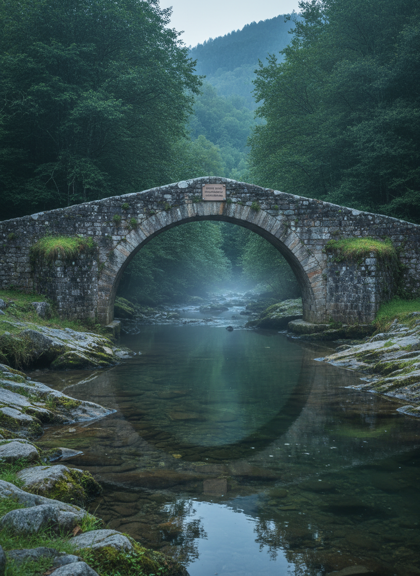 An ancient stone bridge over a narrow, clear stream on the outskirts of Lloreda, its single arch made of irregular, lichen-covered blocks, with small tufts of grass sprouting from cracks. On the bridge’s side, a discreet metal sign explains its historical significance in Spanish, text small but visible. The stream below reflects the deep greens of surrounding trees and the muted grays of the bridge. Early morning mist lingers low over the water, while cool, diffused light gives everything a serene, timeless quality. Photographic realism, wide-angle shot from the bank, using the bridge as a strong horizontal line across the frame. The atmosphere is peaceful yet quietly magical, inviting visitors to imagine centuries of local stories.