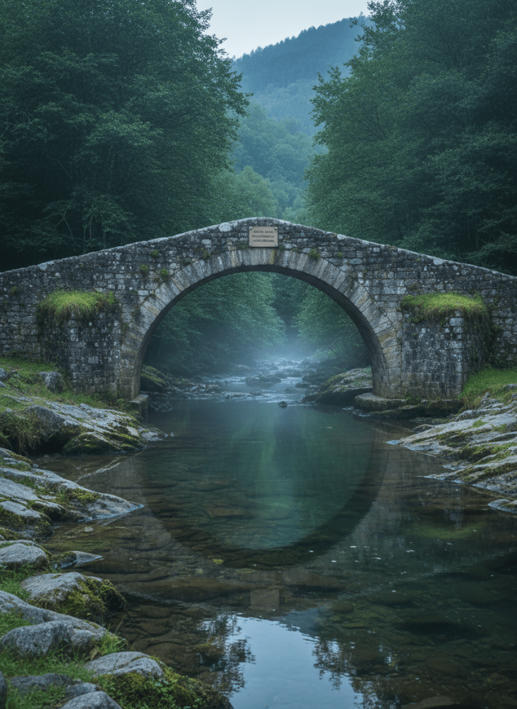 An ancient stone bridge over a narrow, clear stream on the outskirts of Lloreda, its single arch made of irregular, lichen-covered blocks, with small tufts of grass sprouting from cracks. On the bridge’s side, a discreet metal sign explains its historical significance in Spanish, text small but visible. The stream below reflects the deep greens of surrounding trees and the muted grays of the bridge. Early morning mist lingers low over the water, while cool, diffused light gives everything a serene, timeless quality. Photographic realism, wide-angle shot from the bank, using the bridge as a strong horizontal line across the frame. The atmosphere is peaceful yet quietly magical, inviting visitors to imagine centuries of local stories.